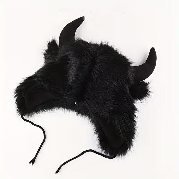 Warm Furry Winter Ox, Cow, Buffalo, Yak Horn Ear Cosplay Fuzzy Hat - Black - Picture 4 of 4